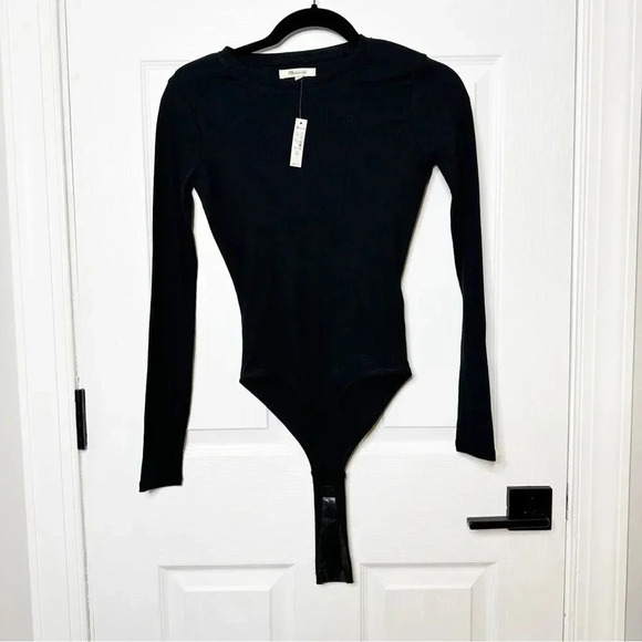 MADEWELL Ribbed Crewneck Full-Coverage Bodysuit Black Long Sleeve Ribbed XXS - Picture 1 of 5